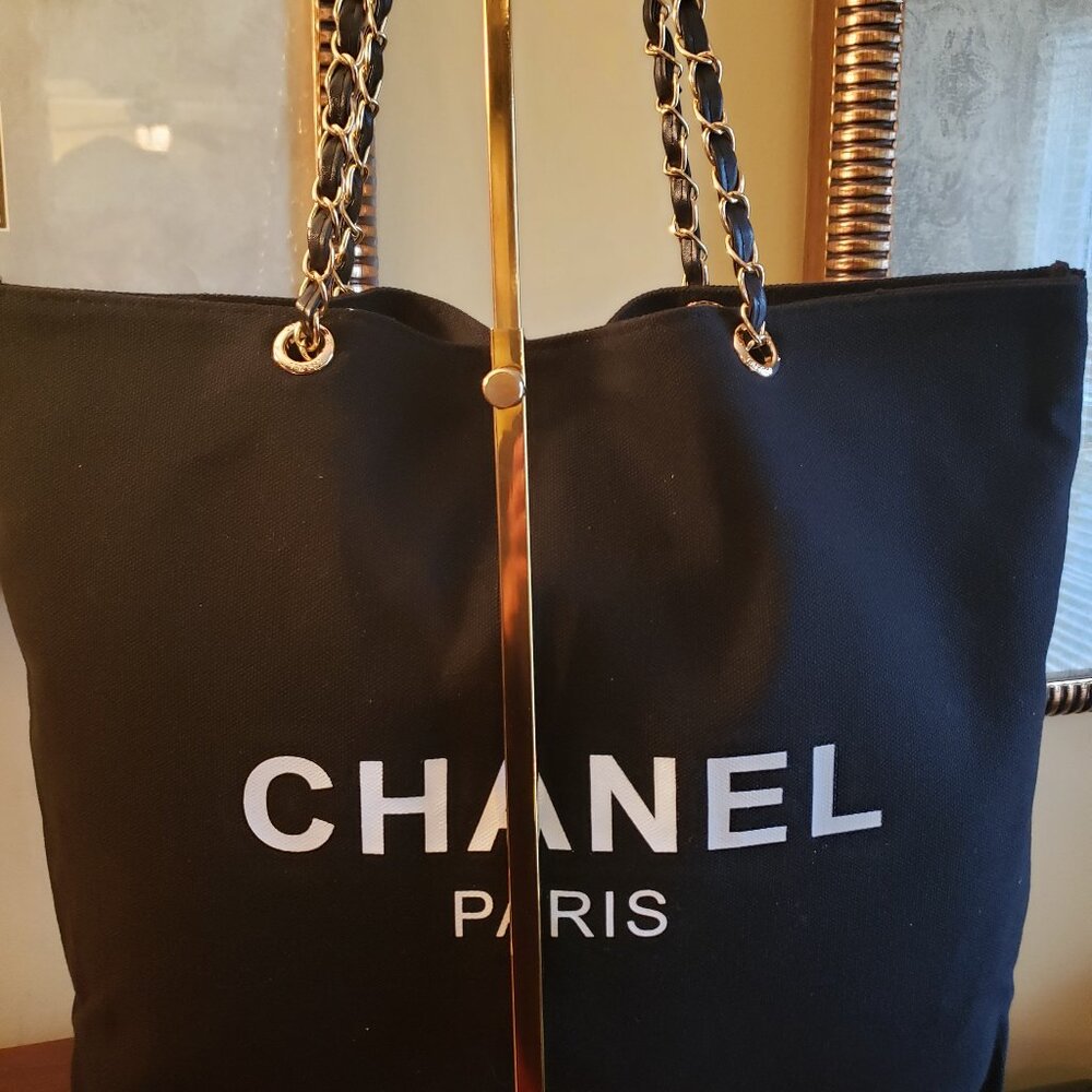 New CC Novelty Black Tote with Gold Chain - Picture 7 of 9